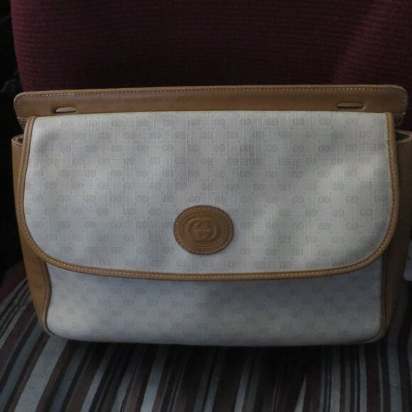 ❤️ GUCCI Micro G Logo Print Tan Canvas Leather Coated Canvas Clutch Shoulder Bag - Picture 15 of 15